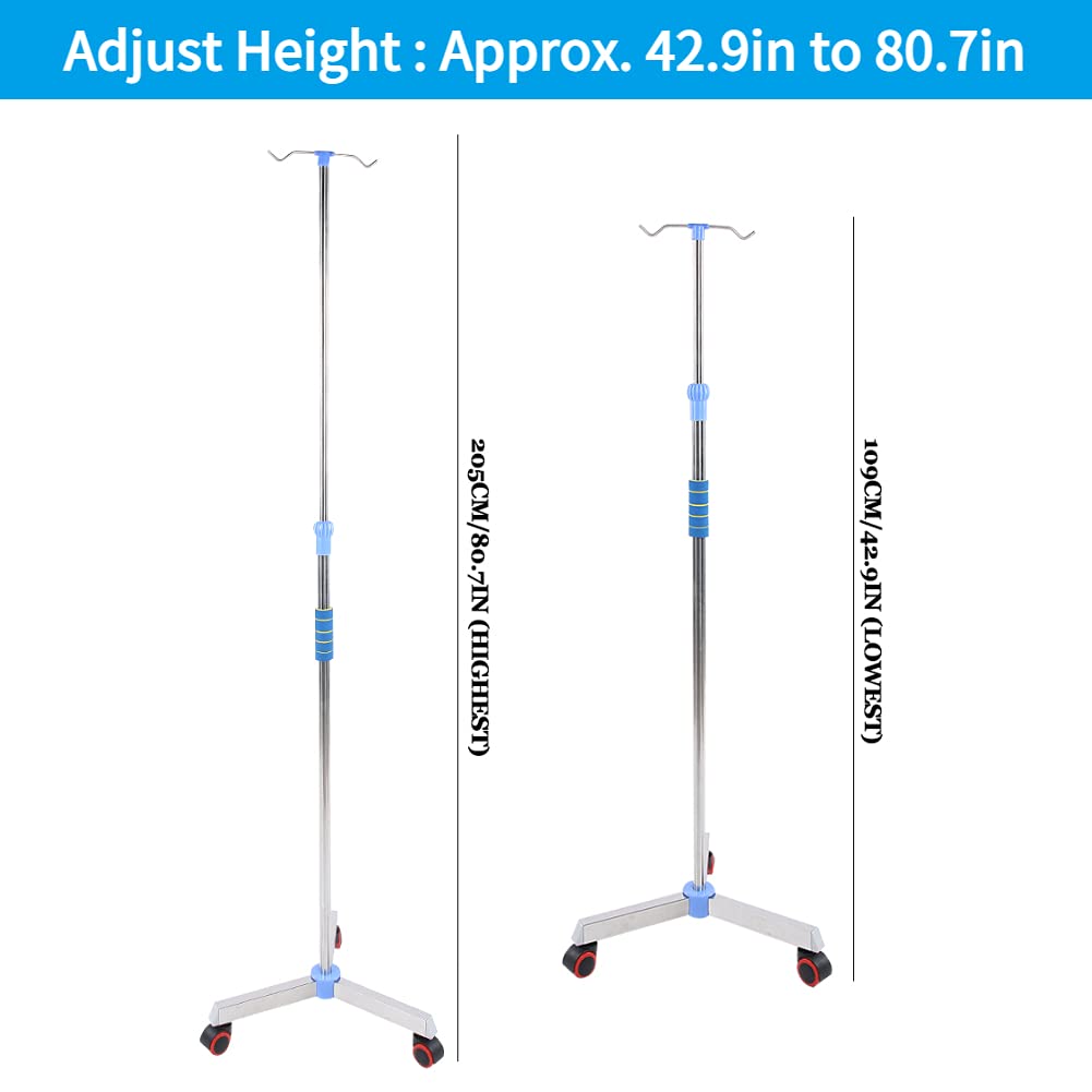 Adjustable IV Drip Stand 42.9-80.7 Inches with 2 Hooks & Wheels - Stainless Steel IV Pole for Hospital, Clinic & Home Care - Perfect for Medical Infusion Therapy & Patient Mobility