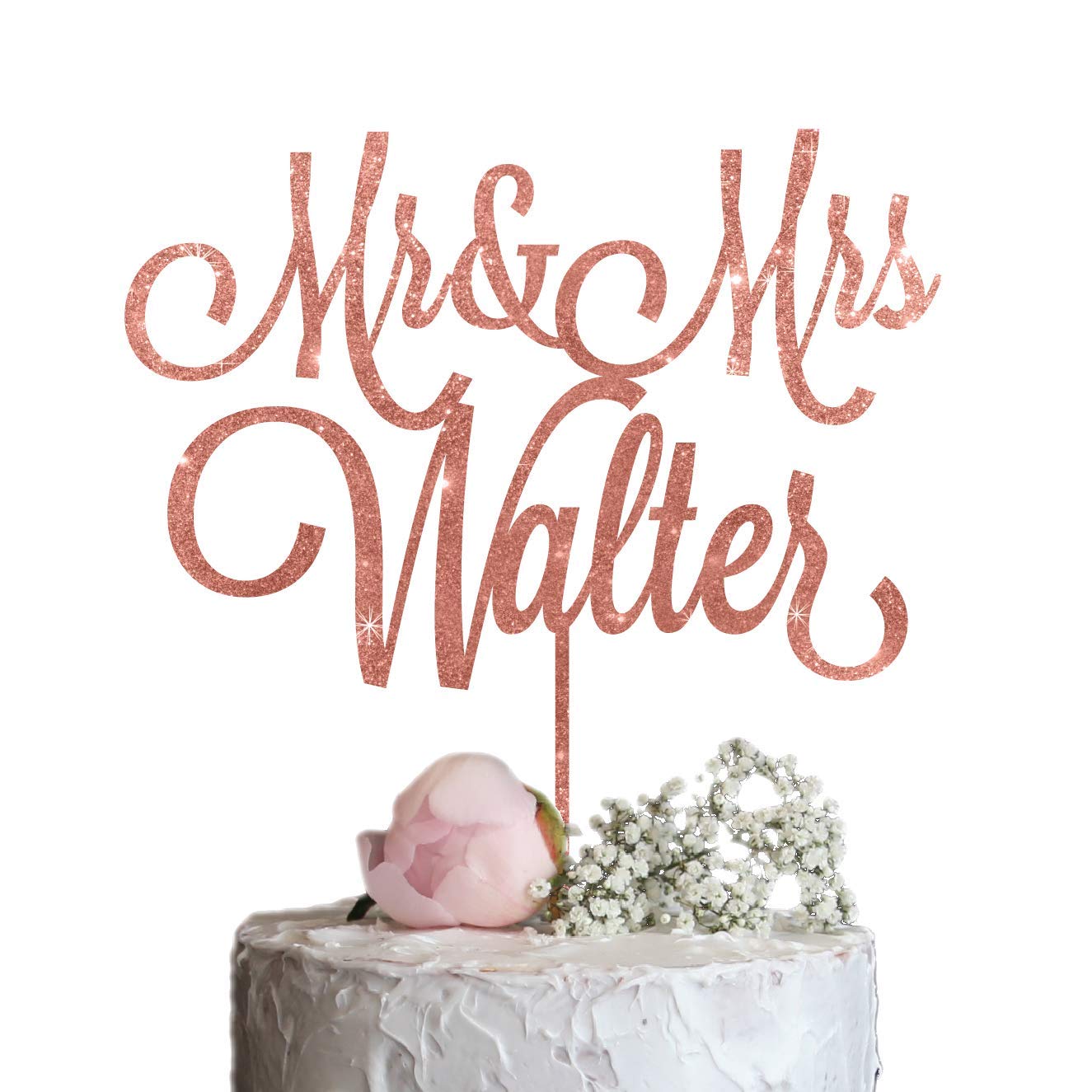 Personalized Mr & Mrs Wedding Cake Topper - Custom Last Name Calligraphy Design in Rose Gold & Silver Glitter - Perfect for Anniversary, Bridal Shower & Wedding Cake Decoration