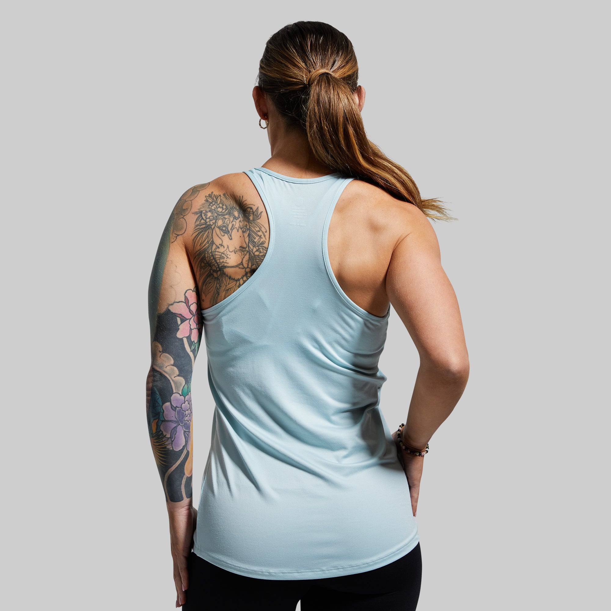 Floral Calligraphy Staple Tank Top - Sky Blue Women's Casual Summer T-Shirt for Beach, Vacation & Everyday Wear