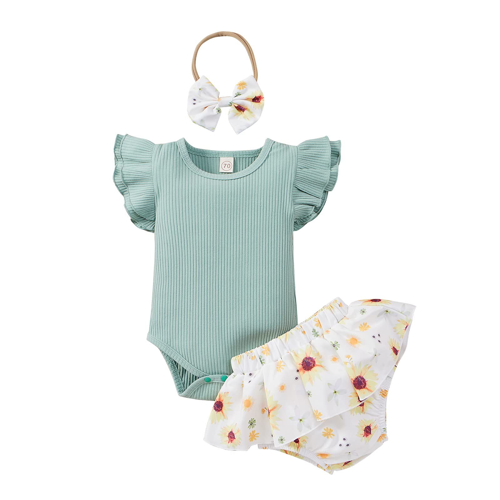 Newborn Baby Girl Outfits - 3Pcs Floral Romper with Ruffle Sleeves, Ribbed Shorts & Headband | Summer Infant Clothes Set for Photo Shoots, Parties & Daily Wear