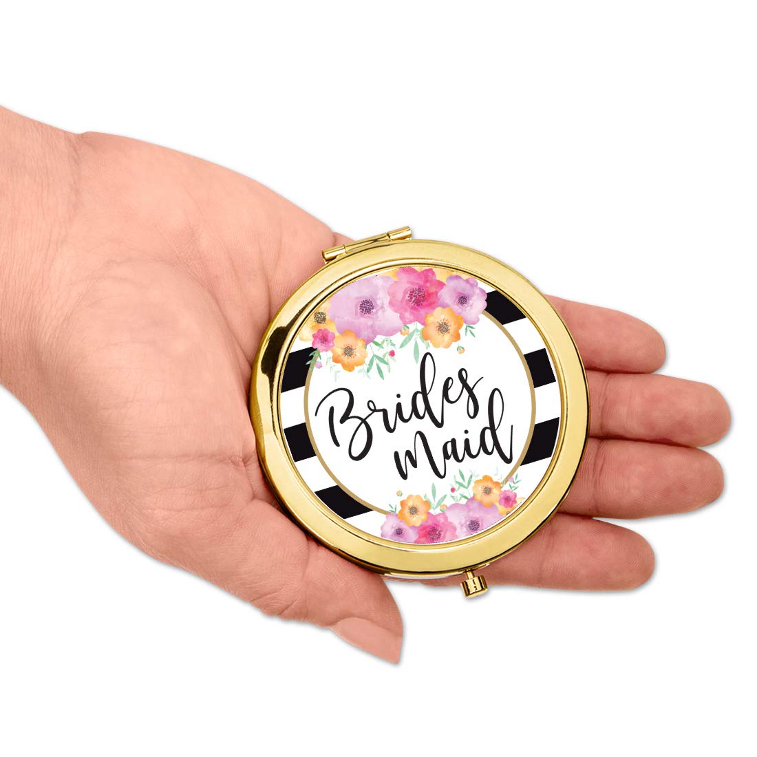 Andaz Press Compact Mirror - Elegant Gold Bridesmaid Wedding Gift with Black & White Stripes & Pink Floral Design, 1-Pack - Perfect for Bachelorette Parties, Bridal Showers & Wedding Favors (Great for Makeup Touch-Ups & Travel)