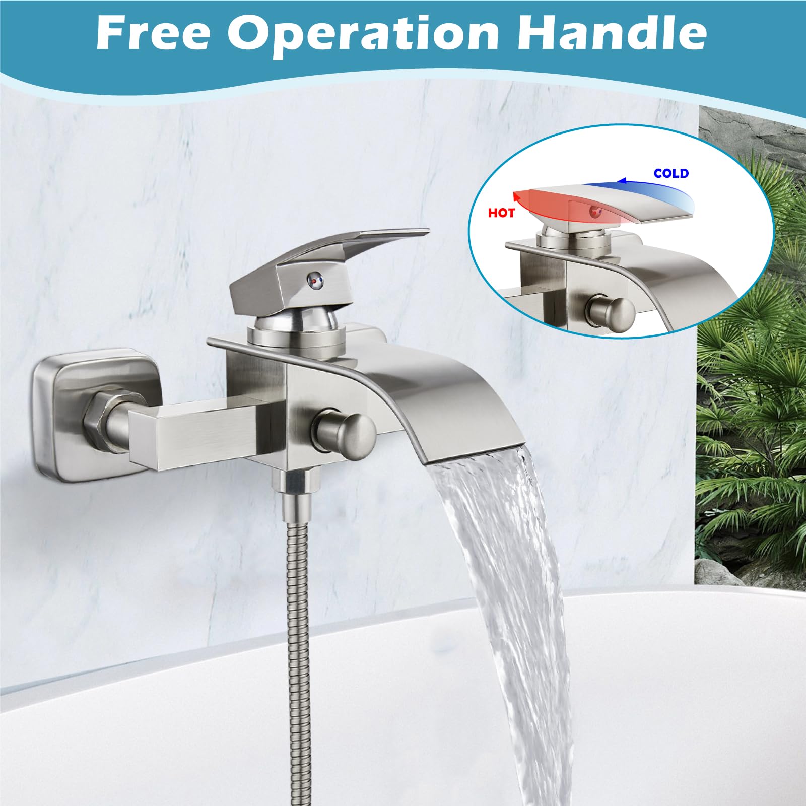 Midanya Wall Mount Bathtub Faucet with Handheld Shower - Brushed Nickel Single Handle Waterfall Tub Filler - Commercial Grade Bathroom Mixer Tap with Curved Spout & Hand-Shower System | Perfect for Spa-Like Bathing Experience & Modern Bathroom Decor