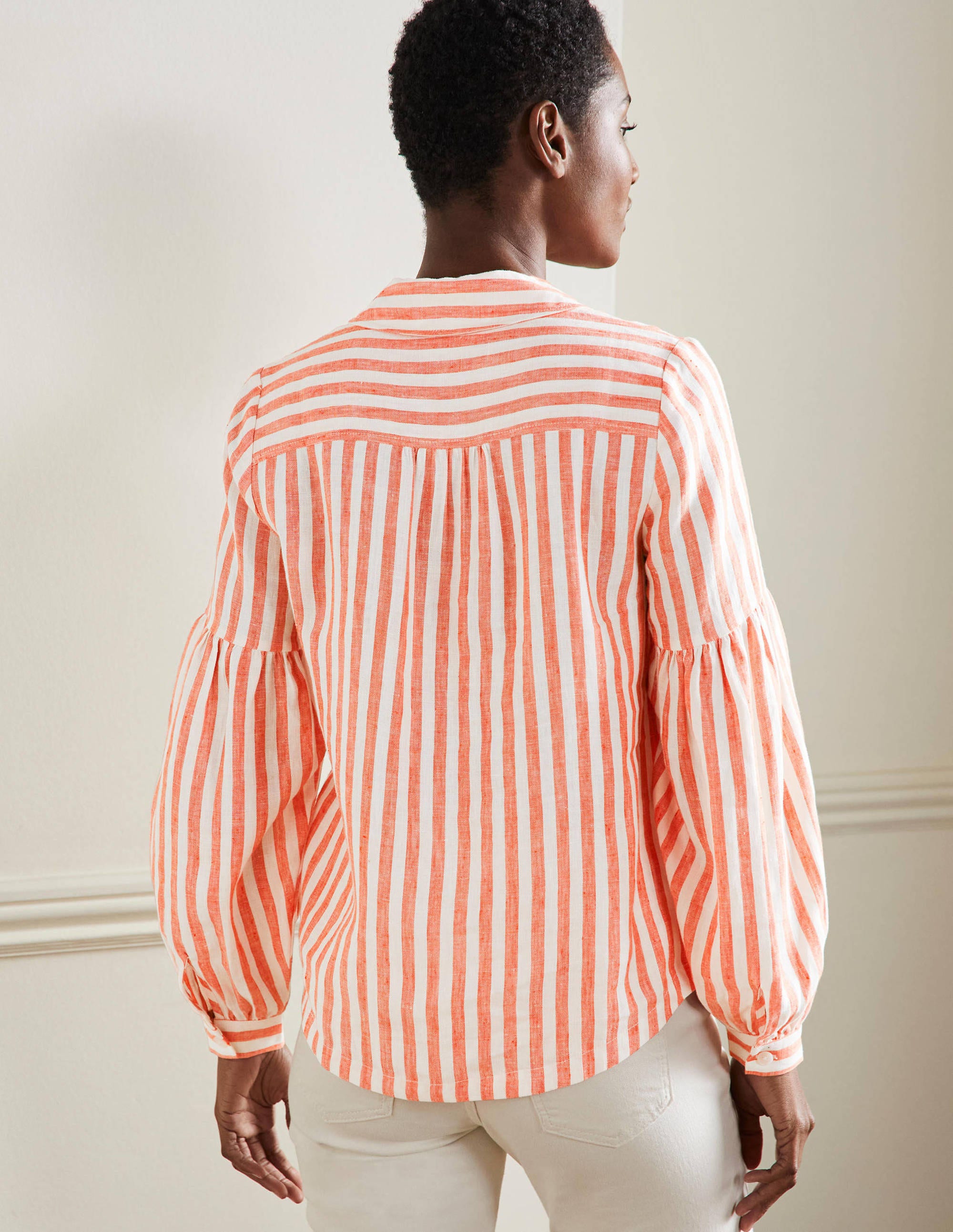 Anna Women's Linen Blouse - Breathable Papaya & Ivory Striped Shirt for Summer, Beach & Casual Outings