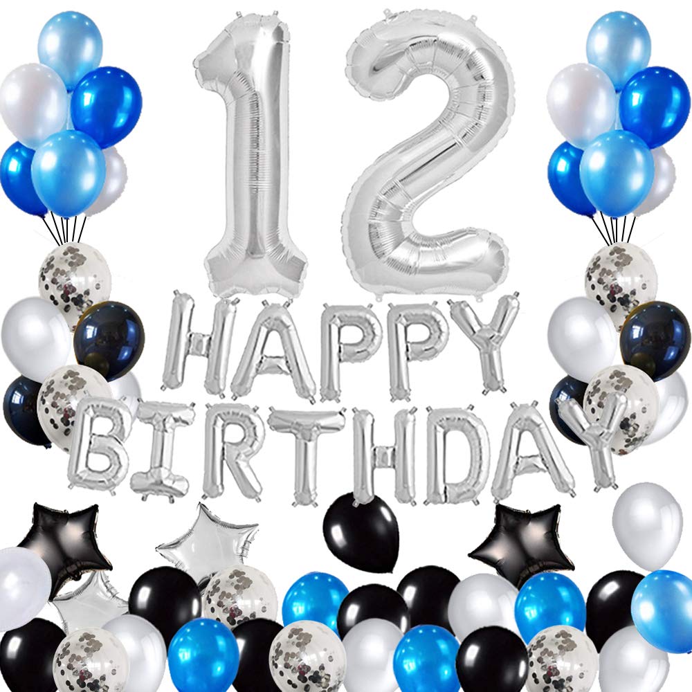 12th Birthday Party Decorations Set - 47pcs Foil Happy Birthday Banner, Number 12 & Star Balloons, Latex Balloons in Silver & Blue | Perfect for Kids Birthday Party Decorations & Celebration Supplies