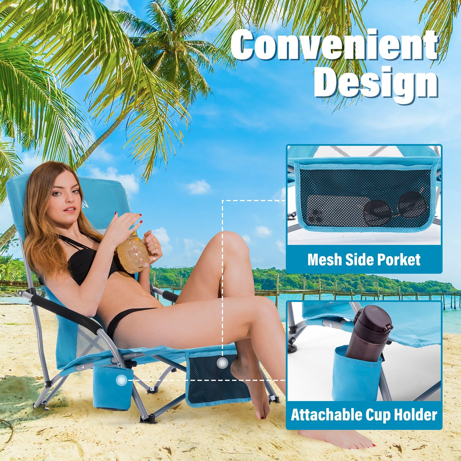 Homcosan Low Folding Beach Chairs for Adults - Portable Lightweight Sling Chair with Cup Holder & Mesh Back, Compact Folding Design with Carry Bag - Perfect for Beach, Camping, Picnics, Concerts & Backyard Relaxation (2 Pack, Blue)