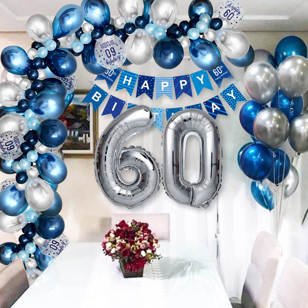 Navy Blue & Silver 60th Birthday Party Decorations Set - Happy 60th Birthday Banner, Confetti, Number 60 Foil Balloons for Men & Women - Perfect for Milestone Celebrations, Retirement Parties & Anniversary Decor