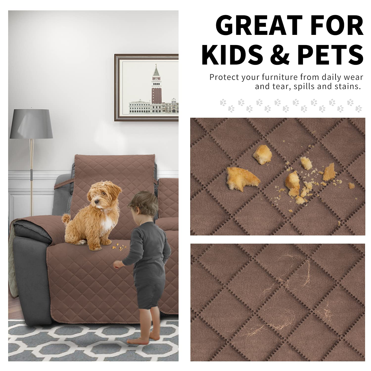 Easy-Going Recliner Sofa Cover with Console - Reversible 3-Seater Couch Slipcover for Living Room - Split Design with Elastic Straps for Kids, Dogs & Pets (Brown/Beige) - Perfect for Family Gatherings, Pet Protection & Home Decor
