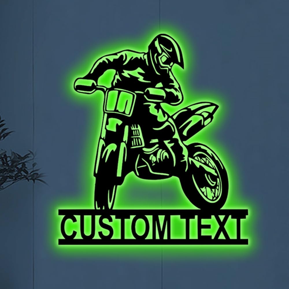 Custom LED Motocross Wall Art - Personalized Dirt Bike Metal Sign with Neon Lights, Motorcycle Name Wall Decor for Bedroom, Man Cave & Garage - Perfect Gift for Bikers & Motocross Lovers (Night Light, Home Decor)