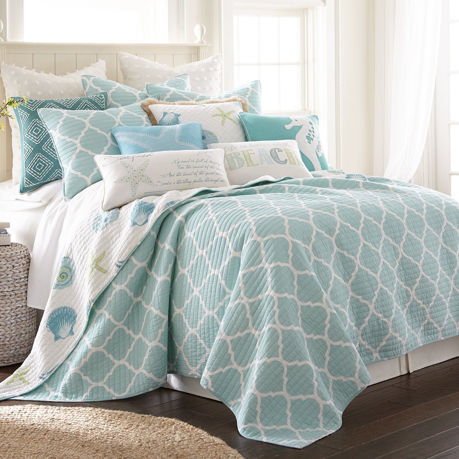 Levtex Home Del Ray Full/Queen Quilt Set - White & Teal Cotton Bedding for Cozy Comfort | Perfect for Master Bedrooms, Guest Rooms & Coastal Decor