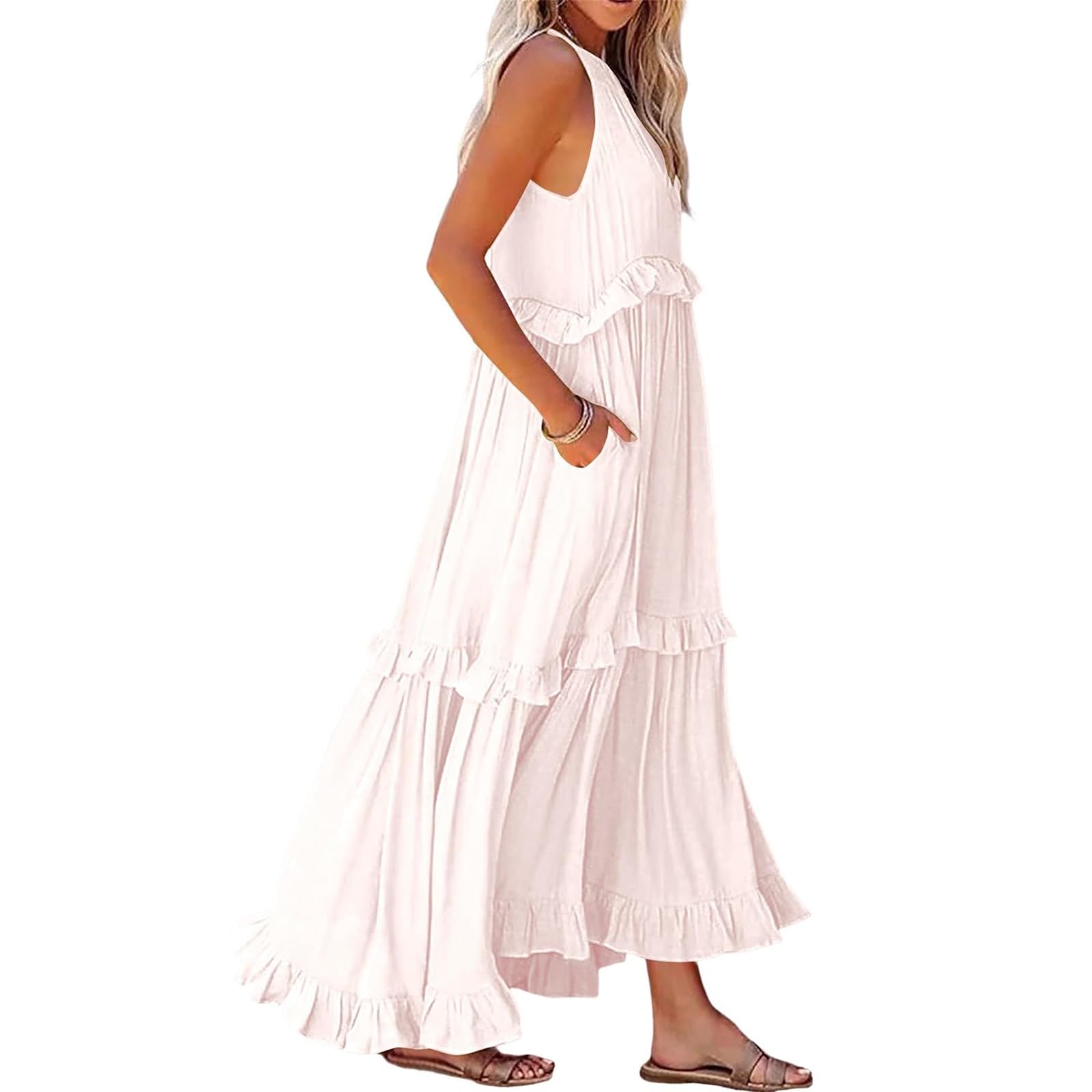 Women's Halter Neck Smocked Tiered Maxi Dress - Flowy Swing Summer Cocktail & Wedding Guest Dress with Pockets | Beach Party, Garden Wedding, Formal Occasions