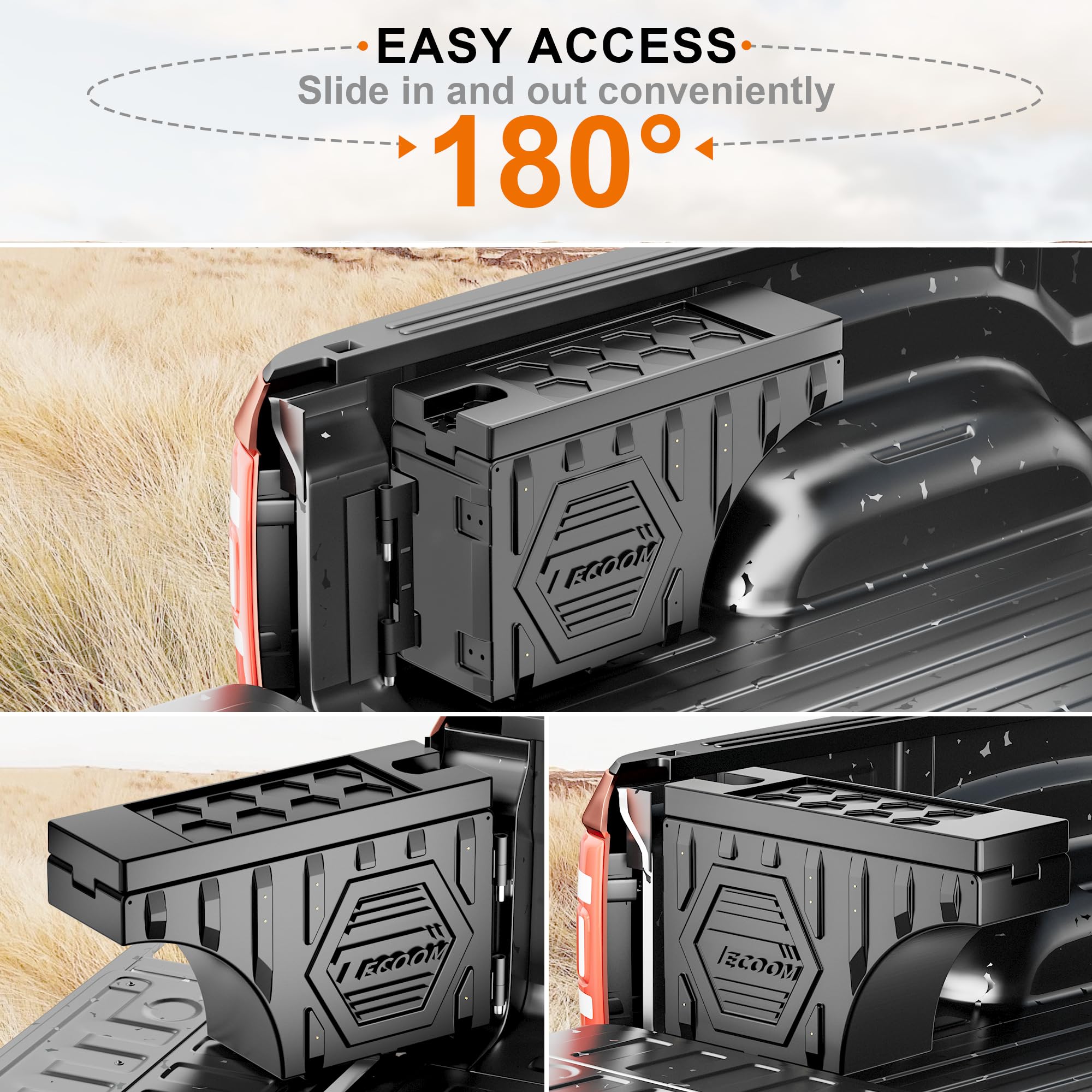 Tecoom 20L Universal Lockable Waterproof Truck Bed Storage Box - Double Layer Swing Tool Organizer for Driver & Passenger Side - Heavy Duty Truck Trunk Organizer (Black, 1PC) | Perfect for Pickup Truck Accessories & Off-Road Storage Solutions