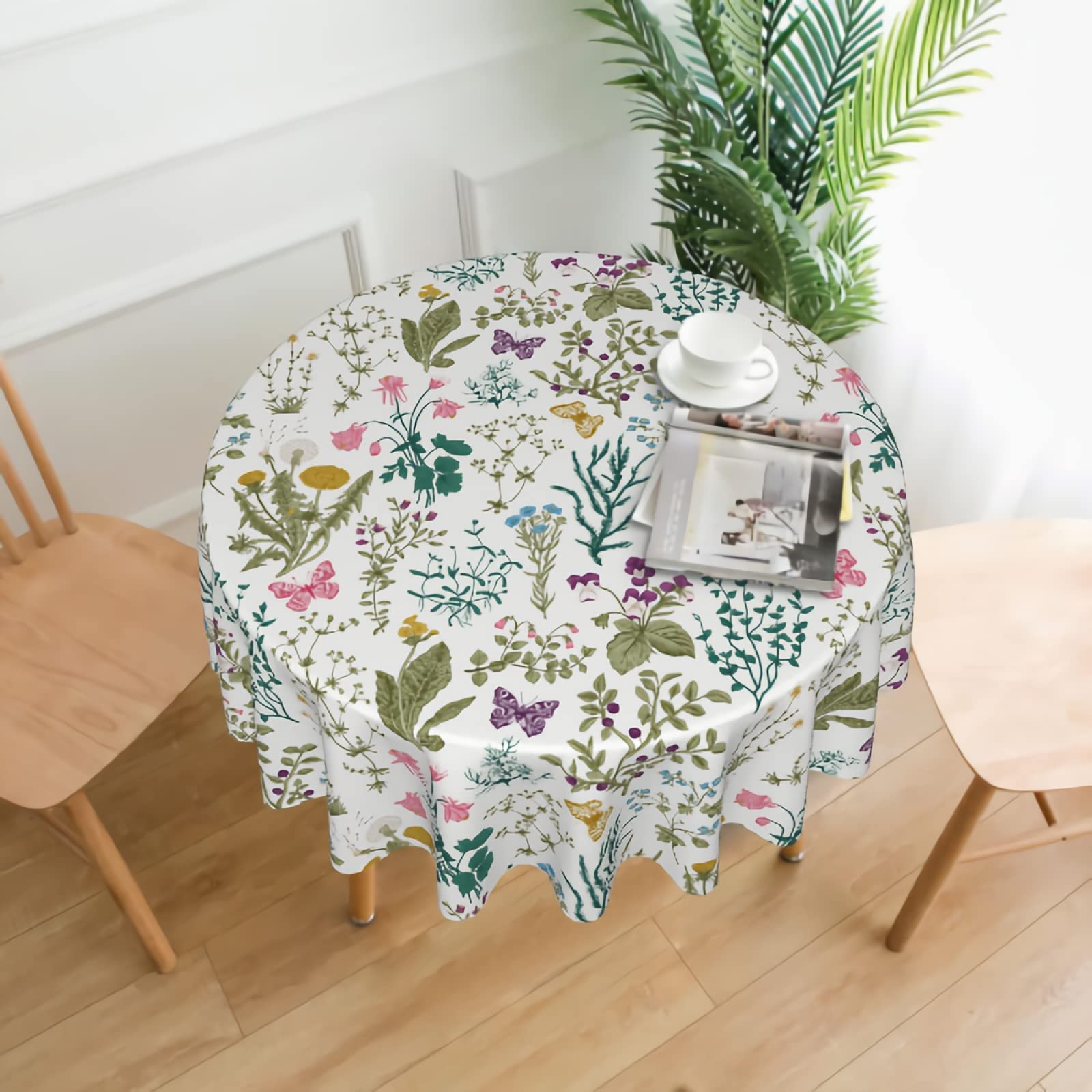 Sweetshow 60 Inch Round Floral Tablecloth - Herbal Wildflowers Design for Spring & Summer, Perfect for Dining Tables, Living Room, Kitchen Decor, and Party Settings