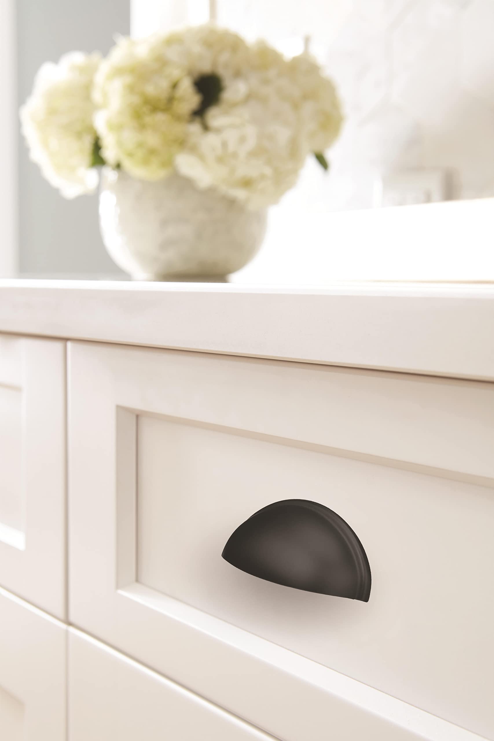 Amerock Matte Black Cabinet Cup Pull - 3 Inch (76mm) Center-to-Center Ravino Drawer Handle - 1 Pack - Durable Cabinet Hardware for Kitchen, Bathroom & Furniture Upgrade