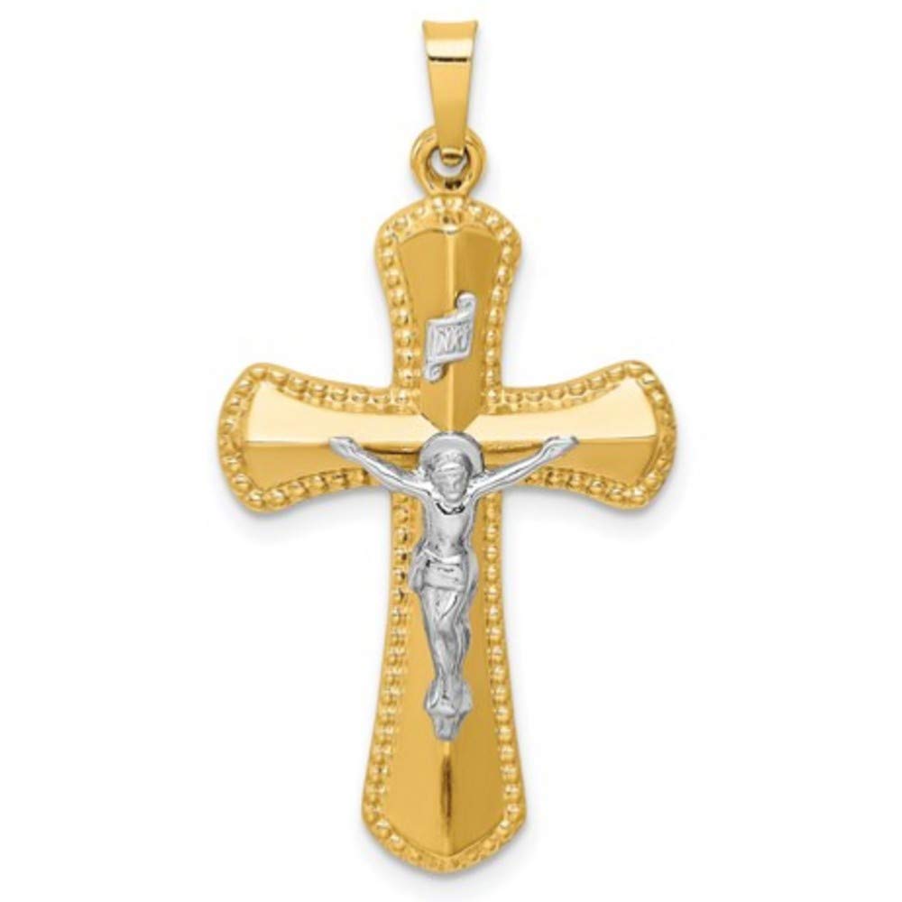 14K Two-Tone Yellow & White Gold Beaded Edge INRI Crucifix Cross Pendant Necklace - Religious Jewelry for Men & Women - Perfect for Baptism, Confirmation, and Daily Wear