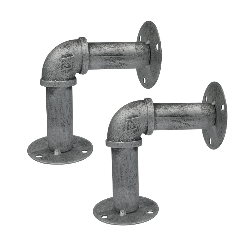 10x10cm Heavy Duty Iron Pipe Shelf Brackets - Wall Mounted Floating Shelf Supports for Home & Office (Silver & Black, 2-Pack) - Perfect for Living Room, Kitchen, Bathroom Storage & Display