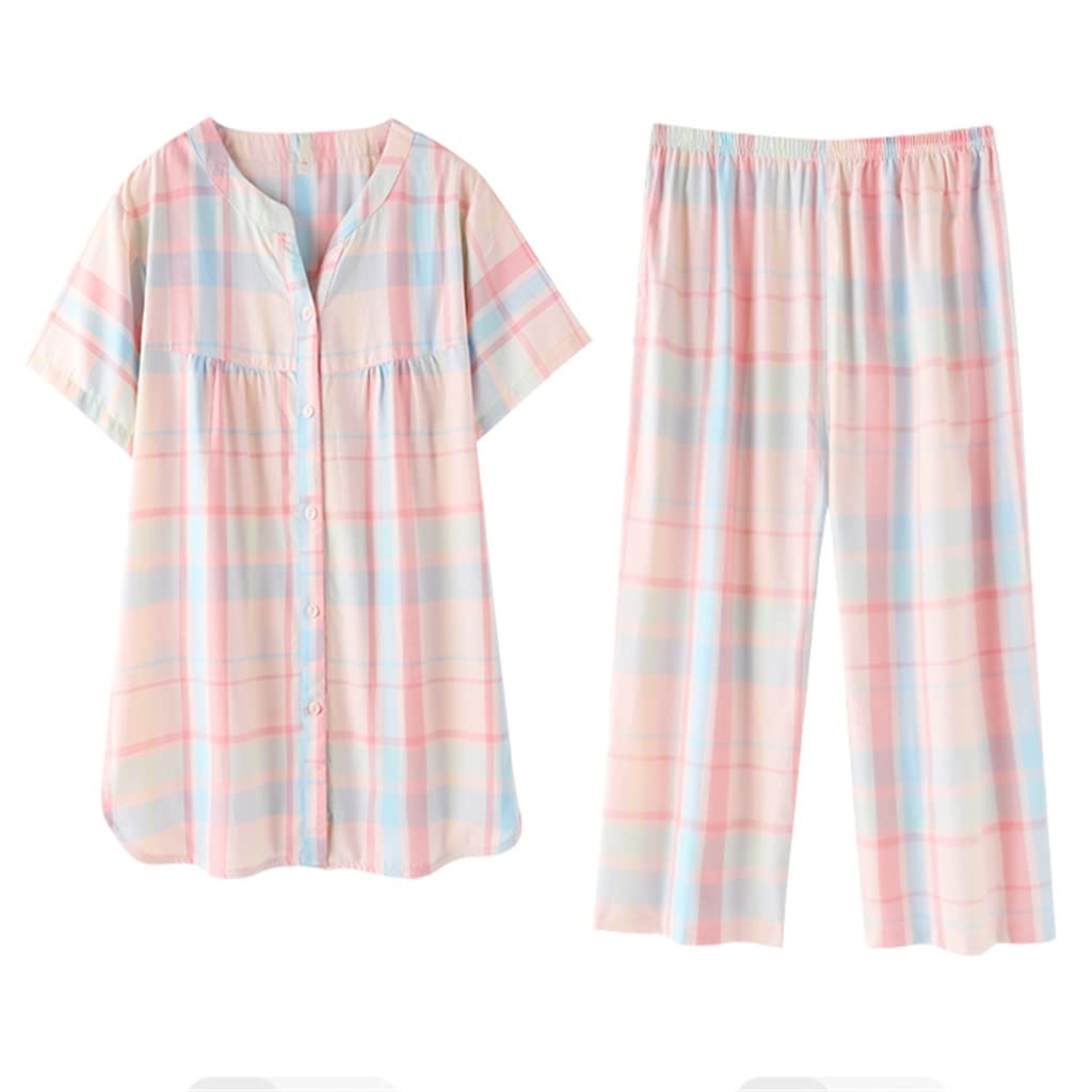 TJLSS Women's Summer Cotton Gauze Pajama Set - Breathable Short Sleeve Top & Cropped Pants for Home, Lounge & Sleep (Pink, Size M) | Perfect for Relaxing, Vacation & Cozy Nights
