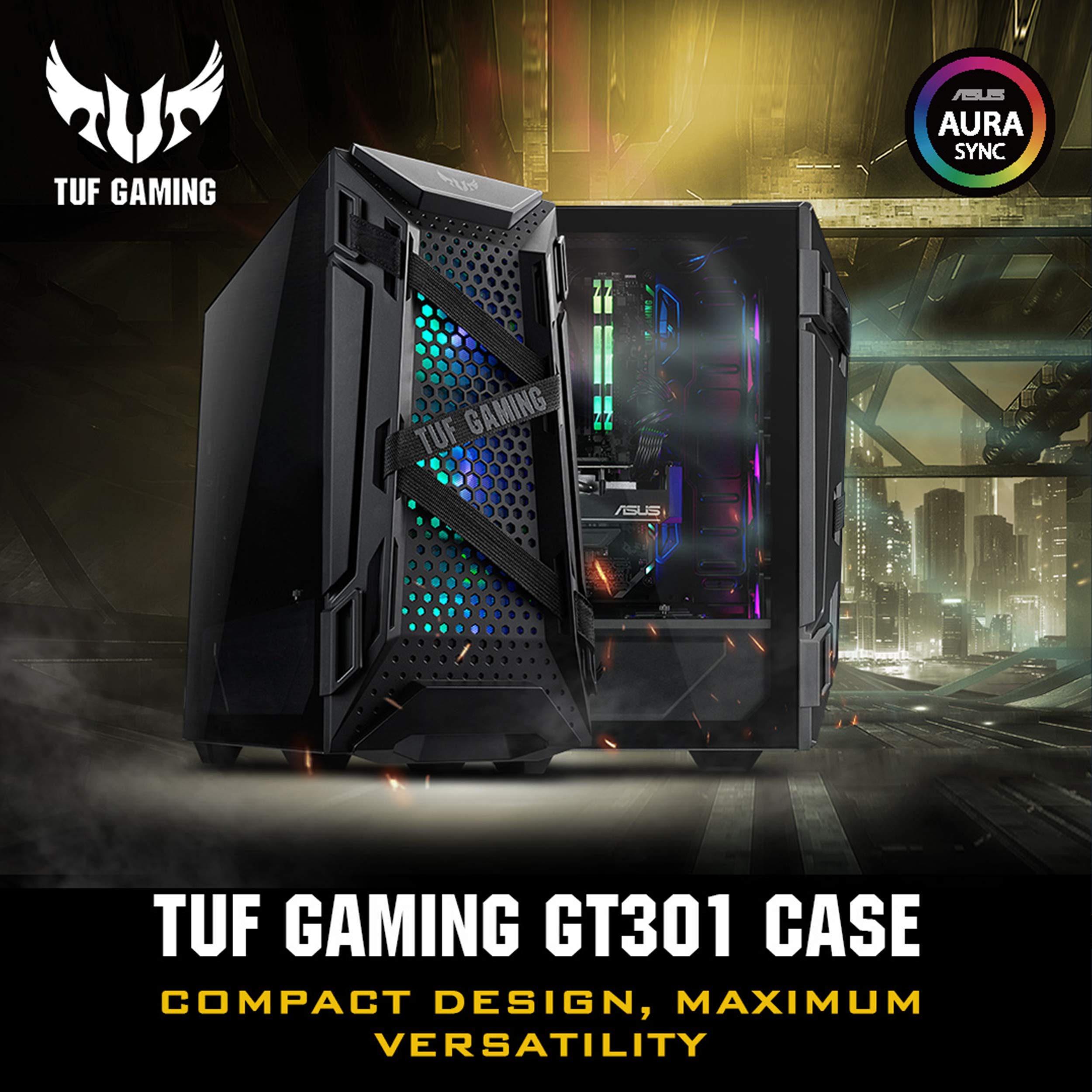 ASUS TUF Gaming GT301 Mid-Tower PC Case - Compact ATX Computer Case with Honeycomb Front Panel, 120mm Aura RGB Fans, Headphone Hook & 360mm Radiator Support | Perfect for Gaming PC Builds & Custom Water Cooling Systems
