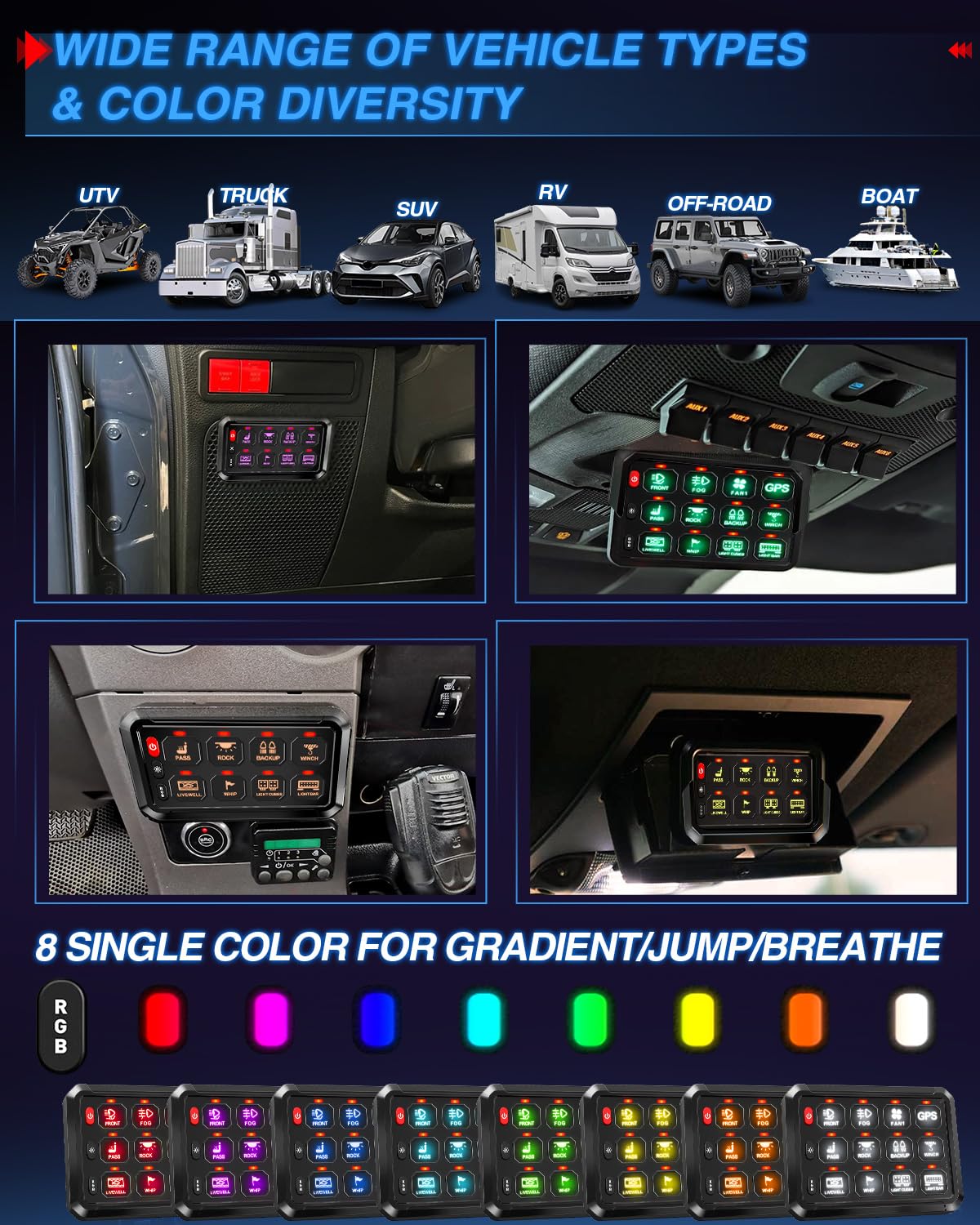 BraveWAY 12 Gang RGB Wireless Switch Panel - Waterproof LED Touch Control Box with Momentary/Strobe/Pulse Modes for 12-24V Vehicles (Truck, Car, SUV, UTV, ATV, Boat, Marine) | 2 Year Warranty | Perfect for Off-Road, Marine & Custom Vehicle Lighting Control