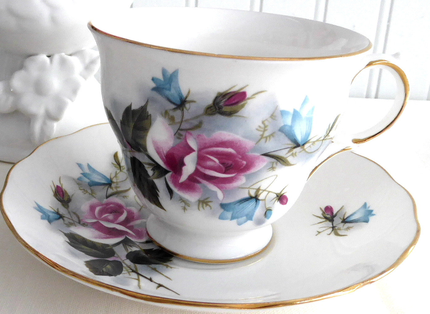 Vintage 1960s English Bone China Tea Cup and Saucer Set - Pink Roses and Blue Harebells Floral Design, Queen Anne Style - Perfect for Afternoon Tea, Bridal Showers & Antique Collectors