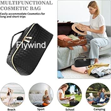 Flywind Travel Makeup Bag for Women - PU Leather Cosmetic Organizer with Large Opening | Portable Toiletry Case for Makeup Brushes & Cosmetics | Perfect for Vacation, Gym & Daily Use (Black)
