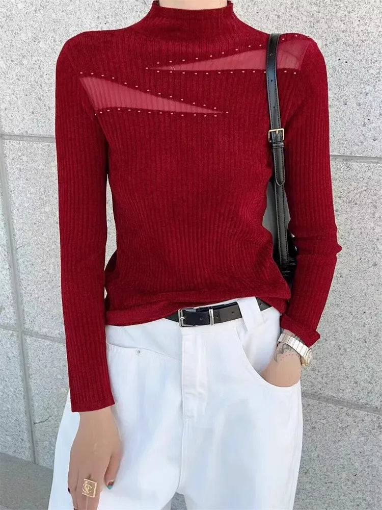 Women's Slim Fit Mesh Rhinestone Sweater - High Quality Mock Neck Knitted Top for Autumn & Winter | Elegant Layering Piece for Office, Party & Date Nights