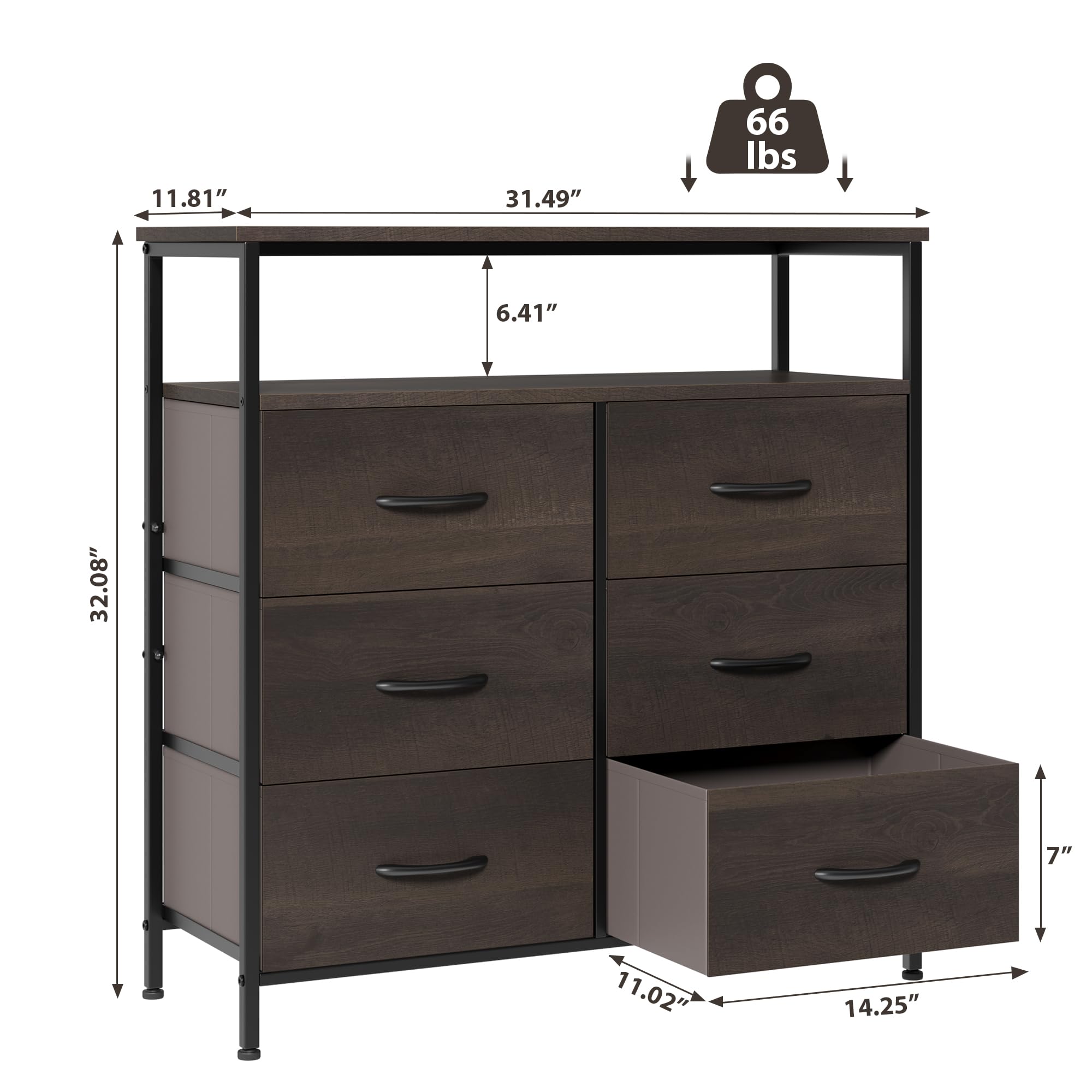 6-Drawer Wood Top Dresser with Fabric Storage Bins - Dark Brown Chest of Drawers for Bedroom, Closet & Kids Room Organization | Perfect as TV Stand, Clothes Storage & Home Decor