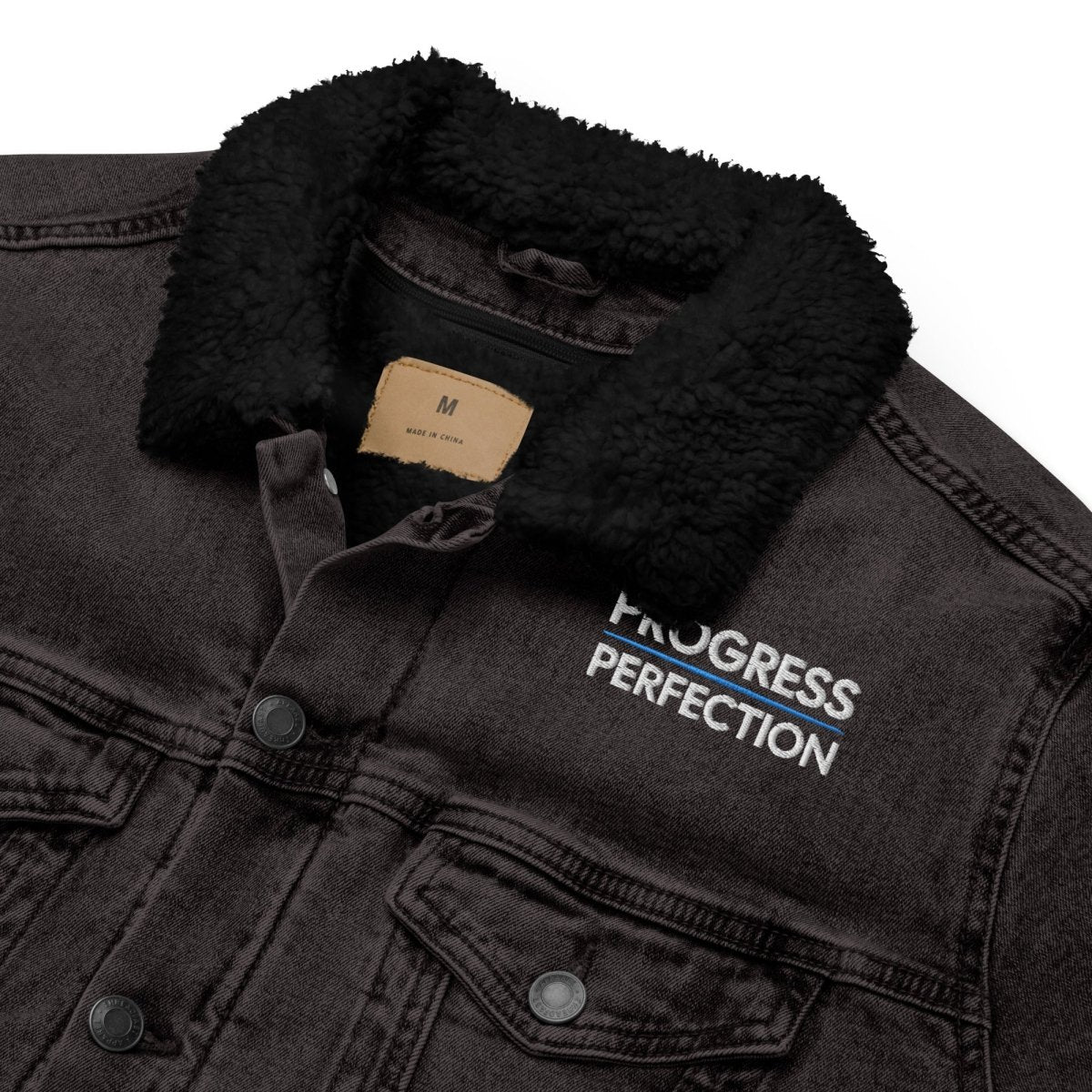 Progress Over Perfection Embroidered Unisex Denim Sherpa Jacket - Cozy Winter Outerwear for Men & Women | Perfect for Casual Outings, Camping & Outdoor Adventures
