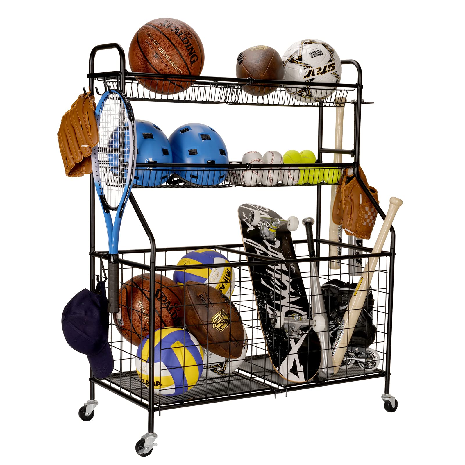 Garage Sports Equipment Organizer - Heavy Duty Steel Ball Storage Rack & Toy Organizer with Wheels for Nerf Guns, Basketballs, Soccer Balls - Perfect for School Gym, Playroom & Garage Storage (Black)