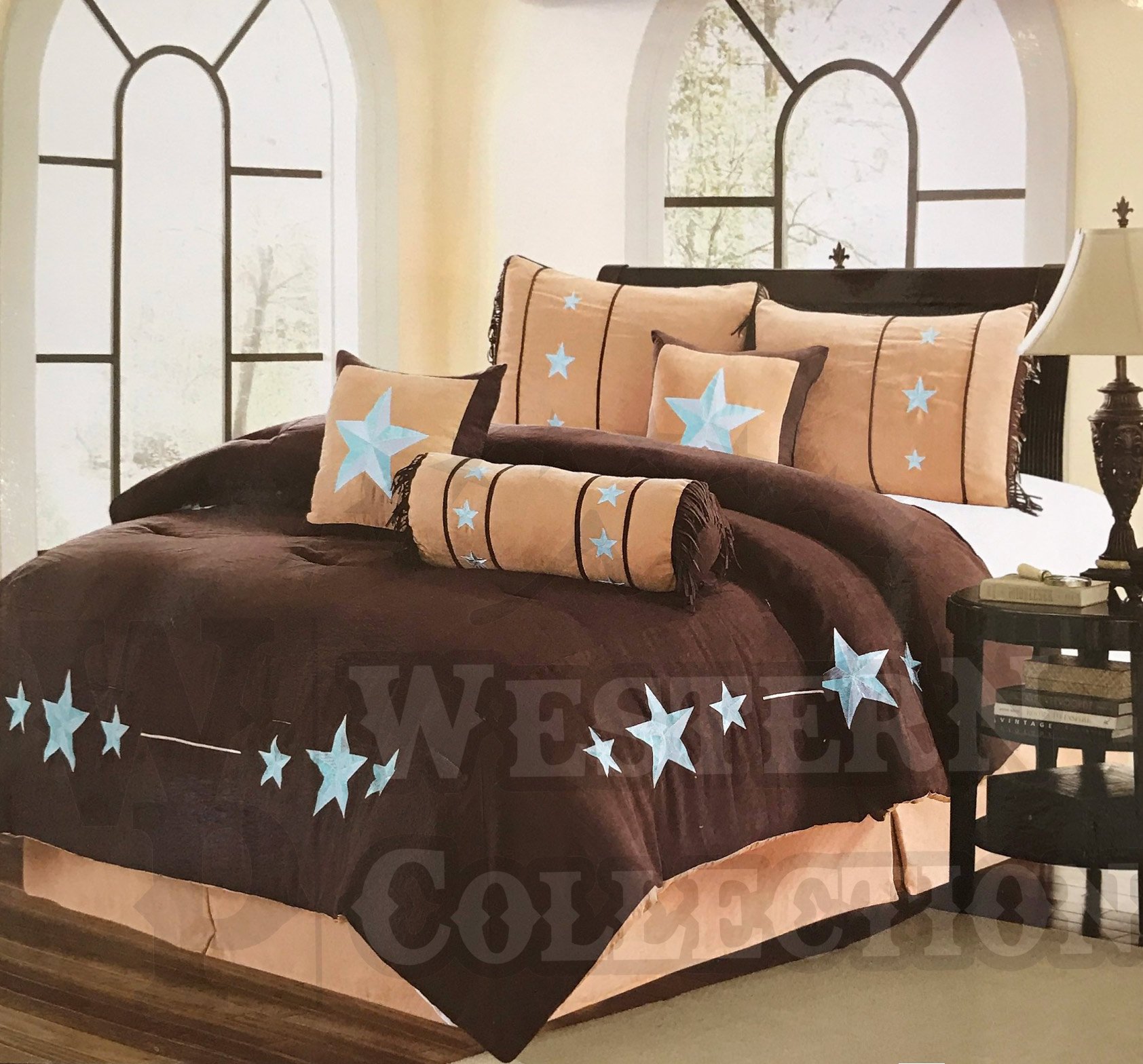 Western Peak Oversized Embroidery Western Star Comforter Set - 7 Piece King Size Bedding in Brown & Turquoise for Western Themed Bedroom Decor