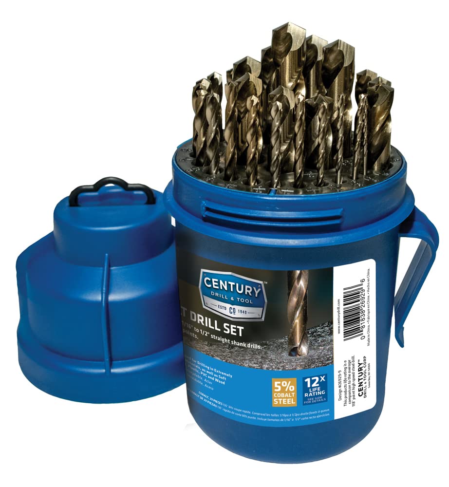 Century Drill & Tool 29-Piece Cobalt Steel High-Speed Jobber Drill Bit Set (26929) - Perfect for Metalworking, Woodworking & DIY Projects