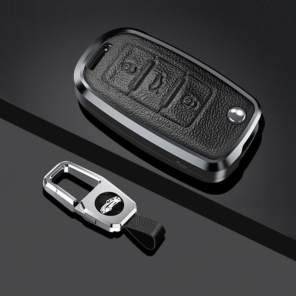 SANRILY 1-Piece Keyless Entry Key Fob Cover for Volkswagen VW Tiguan Jetta MK1-MK6 Passat Golf GTI Beetle - Durable Metal Leather Key Case Shell with Keychain (Black) - Perfect Car Accessory for Protection & Style