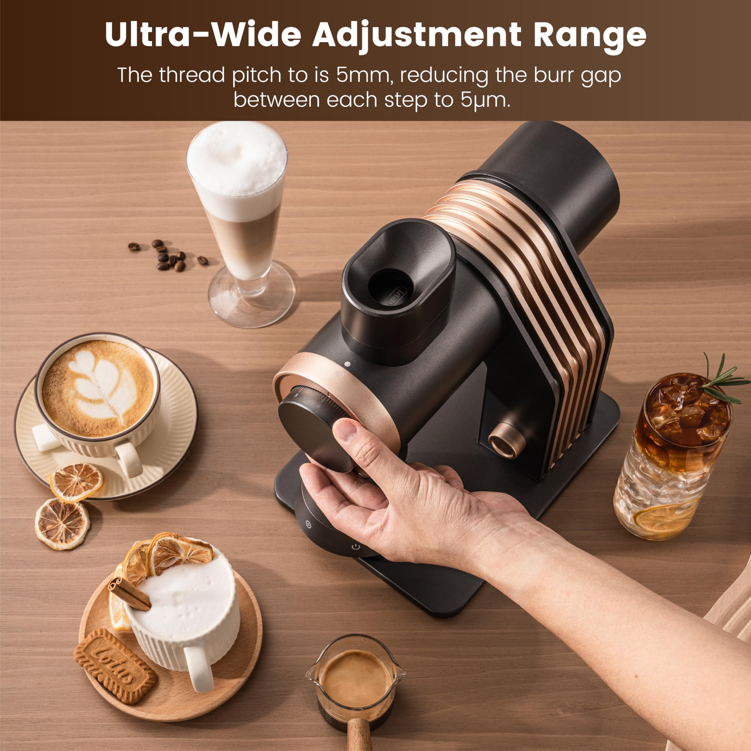 Gevi VelPro 400 Single Dose Coffee Grinder - 64mm Titanium Flat Burr, Variable Speed & Stepless Adjustment for Espresso, Drip, French Press & Cold Brew - Black Gold - Perfect for Home Baristas & Coffee Enthusiasts