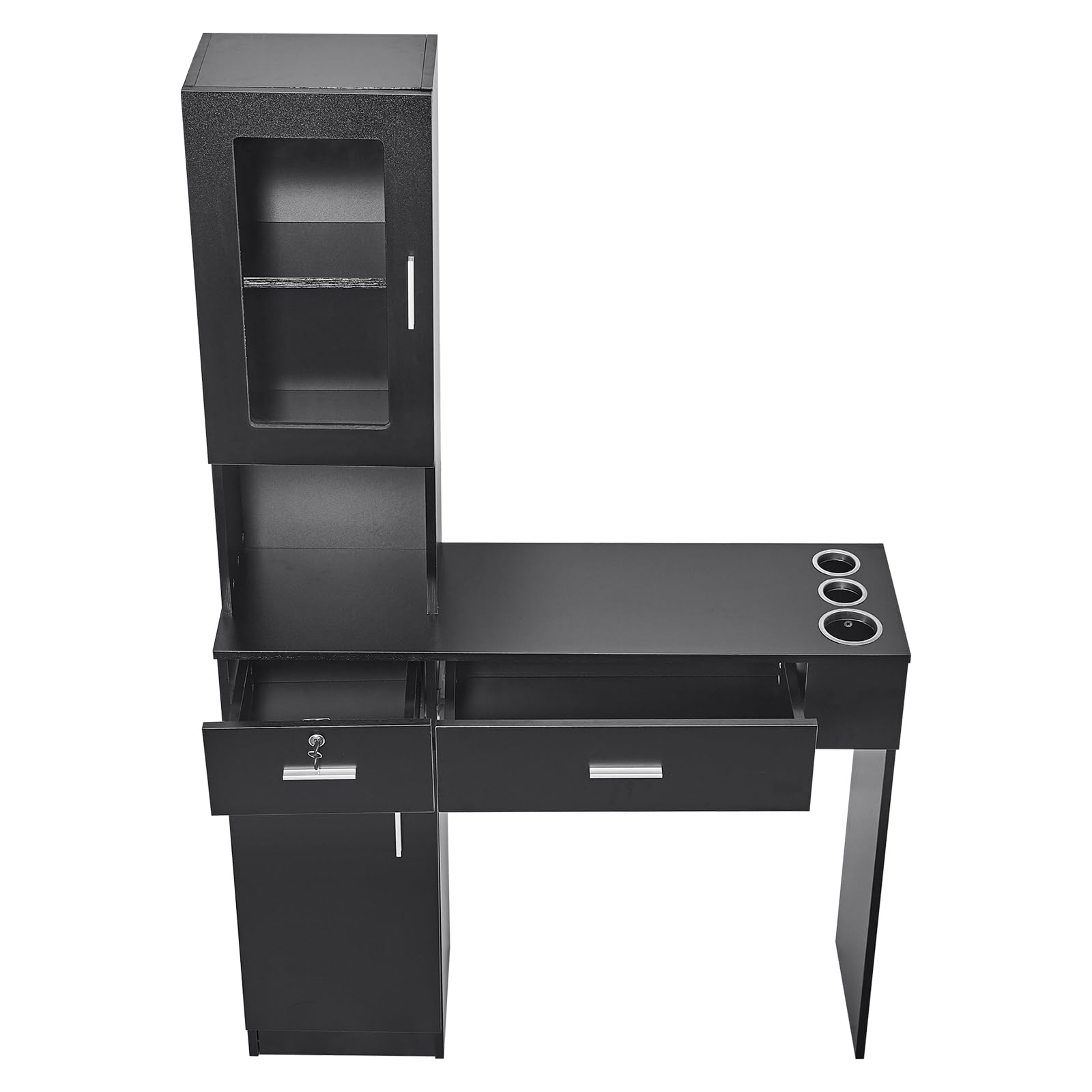 VEVOR Wall Mount Salon Station for Hair Stylists & Barbers - Black Beauty Spa Furniture with Storage Cabinet, 3 Cubbies & 2 Drawers (1 Lockable) - Perfect for Home Salons, Barber Shops & Professional Styling Stations