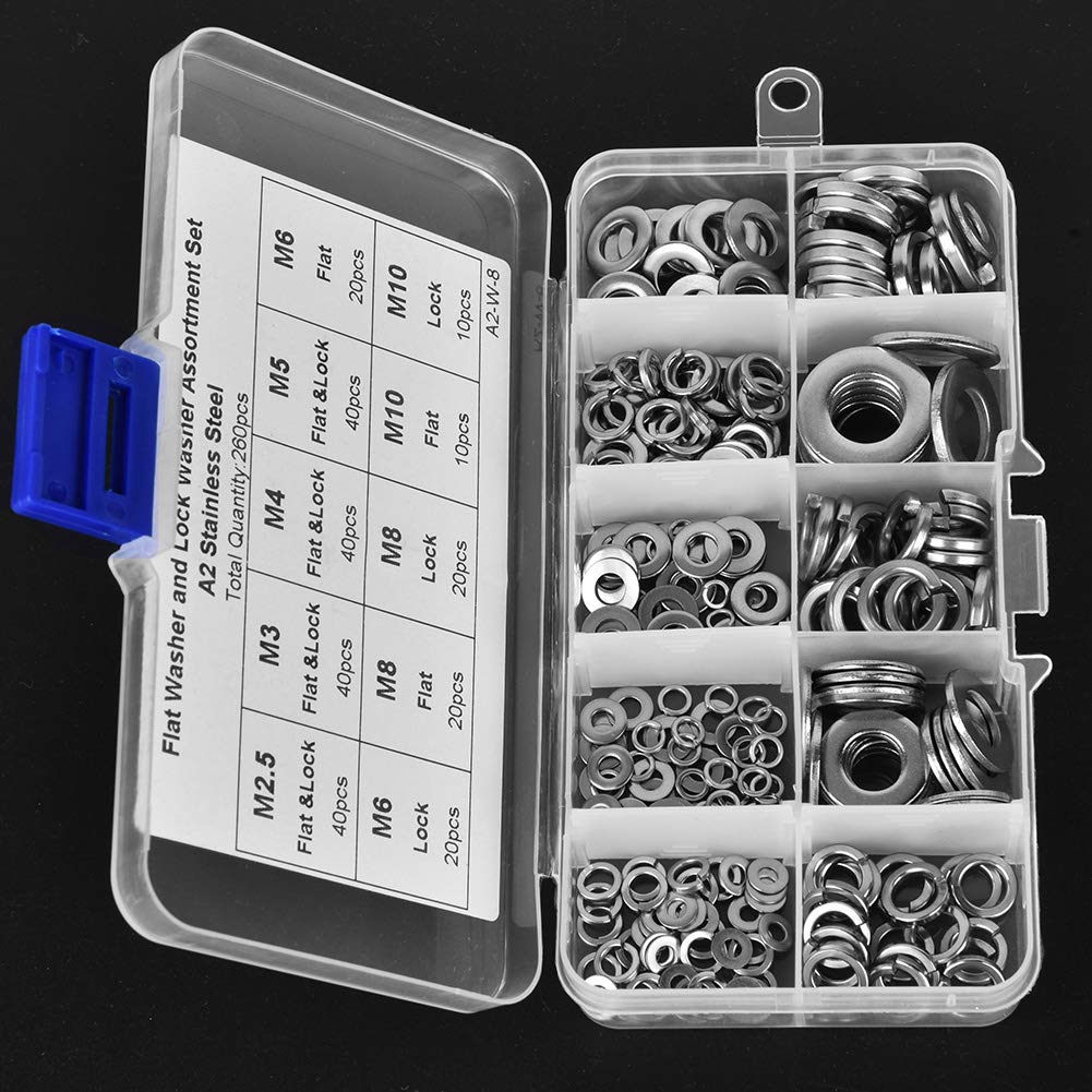 7 Sizes Flat & Spring Washer Set - Stainless Steel Fasteners for Industrial, Home, Automotive & Construction Use - Perfect for Machinery Assembly, Plumbing Fixtures and DIY Projects