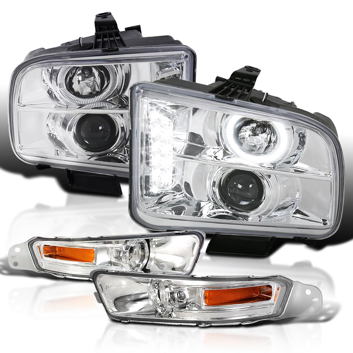 Spec-D Tuning Chrome Halo LED Projector Headlights + Chrome Bumper Lights for 2005-2009 Ford Mustang - Left & Right Pair Headlamp Assembly | Upgrade for Night Driving & Car Customization