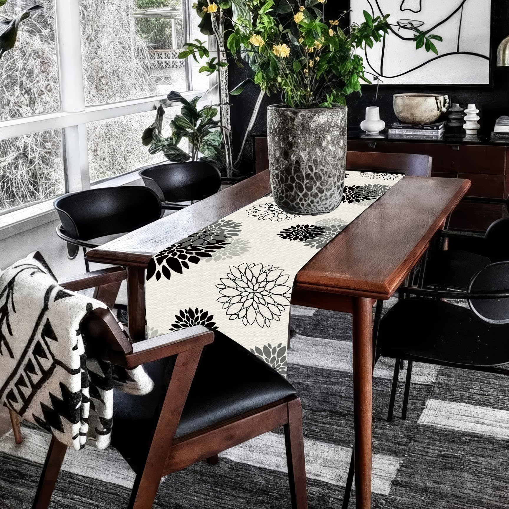 Modern Black Gray Dahlia Pinnata Flower Table Runner - Elegant Beige Pompon Farmhouse Geometric Design for Coffee Table, Dining Table, Kitchen Decor - 13 x 36 Inch - Perfect for Home, Parties & Farmhouse Style Decorations