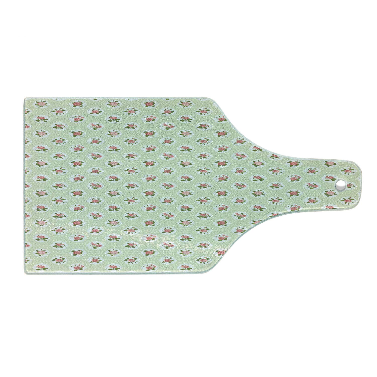 Lunarable Shabby Chic Floral Cutting Board - Cottage Style Rose Bloom Design on Green Polka Dot Background, Durable Tempered Glass Serving Board in Wine Bottle Shape (Pale Green/Coral/White) - Perfect for Cheese Charcuterie, Wine Parties & Kitchen Decor
