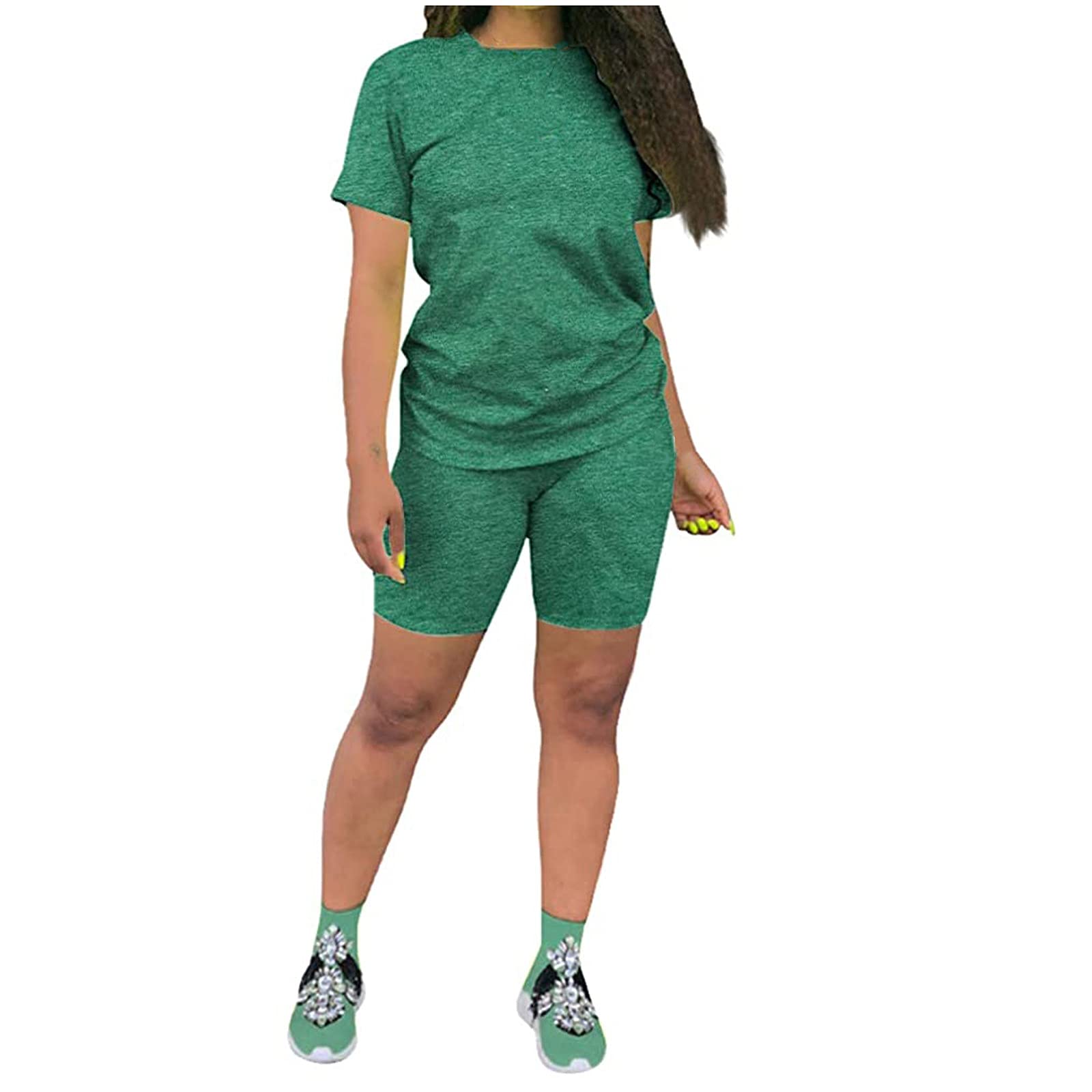 HUERTOP Women's Athletic Shorts - High Waist Biker Shorts for Yoga, Running & Workout - 2-Piece Set with Short Sleeves - Summer Home & Gym Wear - Solid Color Activewear for Women