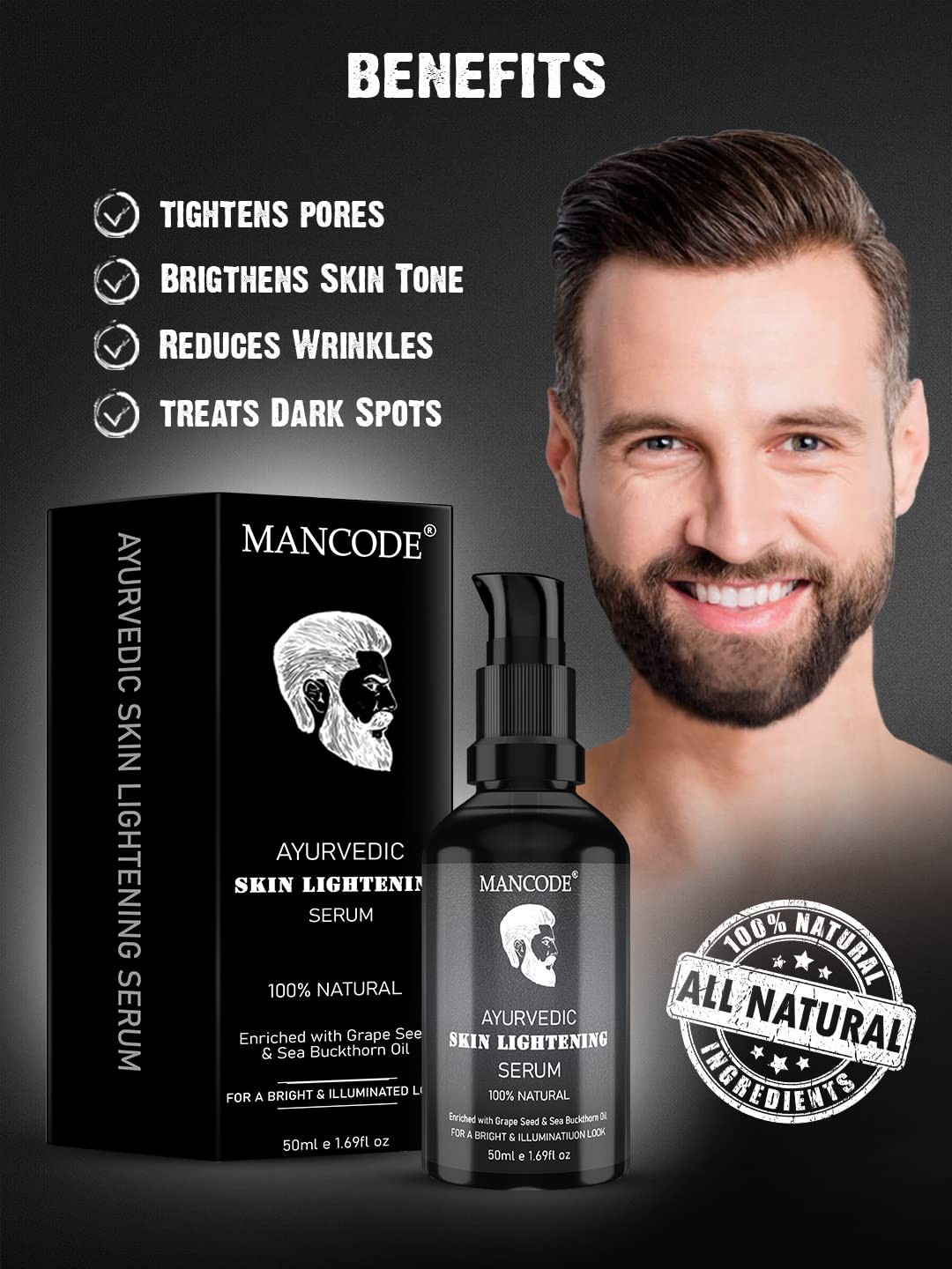 Mancode Ayurvedic Skin Lightening Serum - 50ml | Natural Skin Brightening & Detox Treatment | Herbal De-Tan Oil with Grape Seed & Lavender | Paraben-Free, 100% Organic Formula | For Radiant, Even-Toned Complexion | Perfect for Daily Skincare Routine & Post-Sun Care