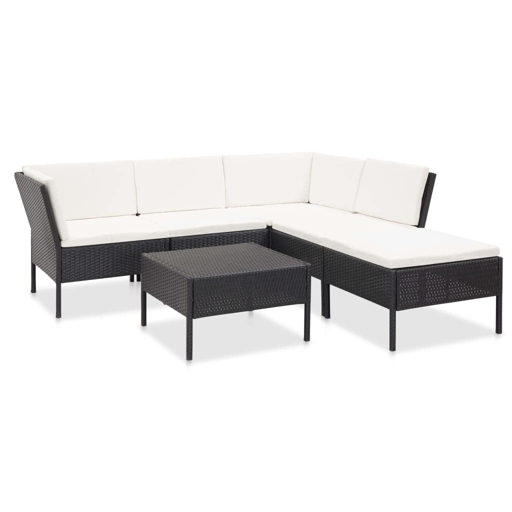 vidaXL 6-Piece Patio Lounge Set with Cushions - Modular Poly Rattan Outdoor Furniture in Black & Cream White, Easy Assembly, Weather Resistant, Comfortable Seating for Garden, Poolside or Backyard Relaxation