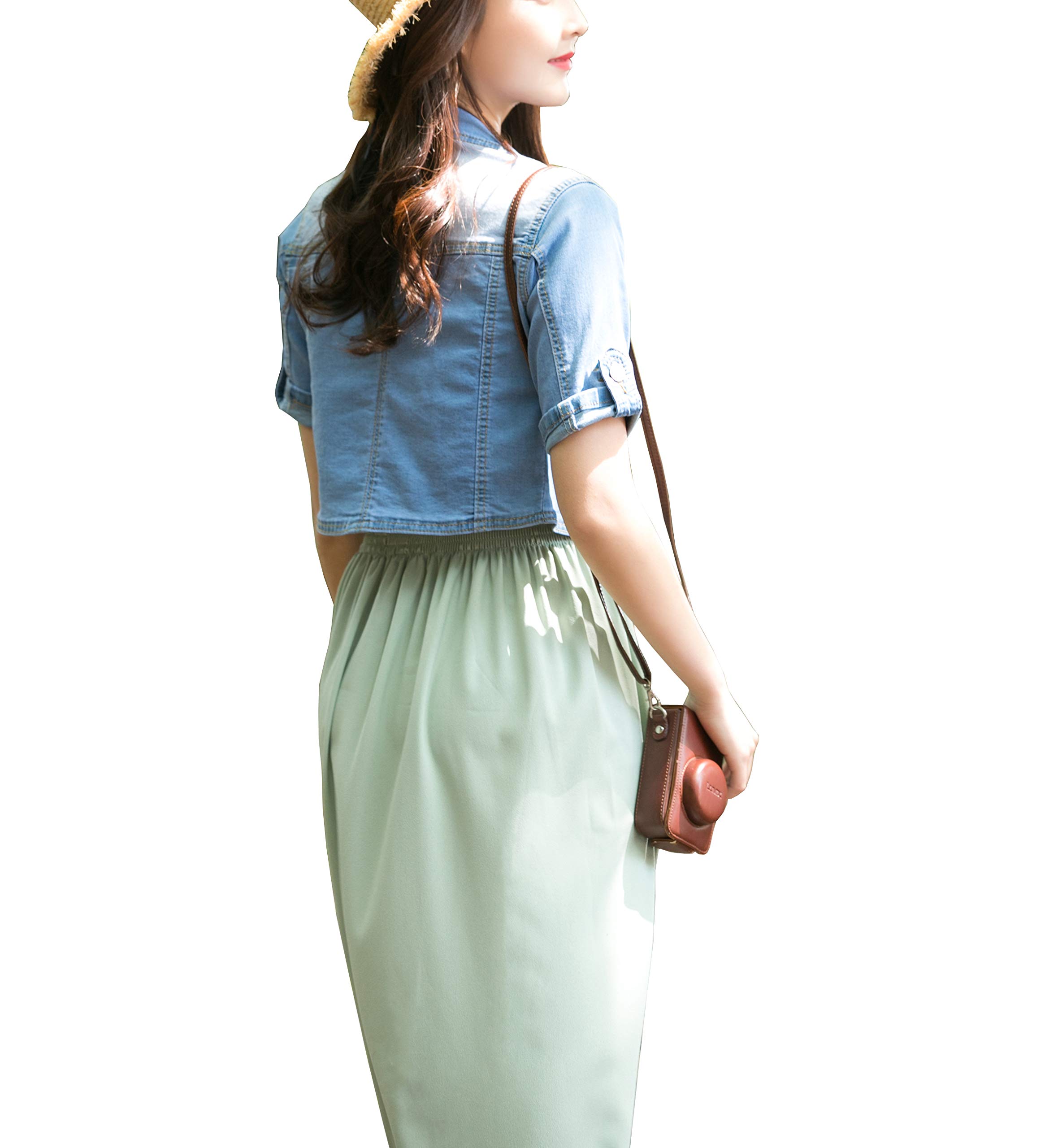 Women's Stretch Denim Jacket - Short Sleeve Button Down Jean Jacket with Shawl Collar | Casual Outfit Essential for Spring & Summer Fashion