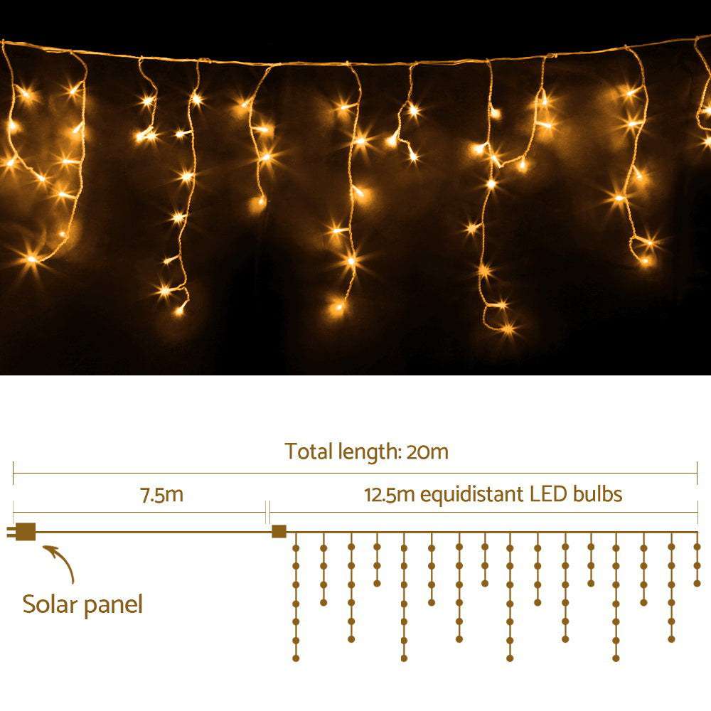 12.5M Solar Powered Christmas Icicle Lights - Warm White LED String Lights for Outdoor Holiday Decorations | Perfect for Roof, Windows, and Garden Decor