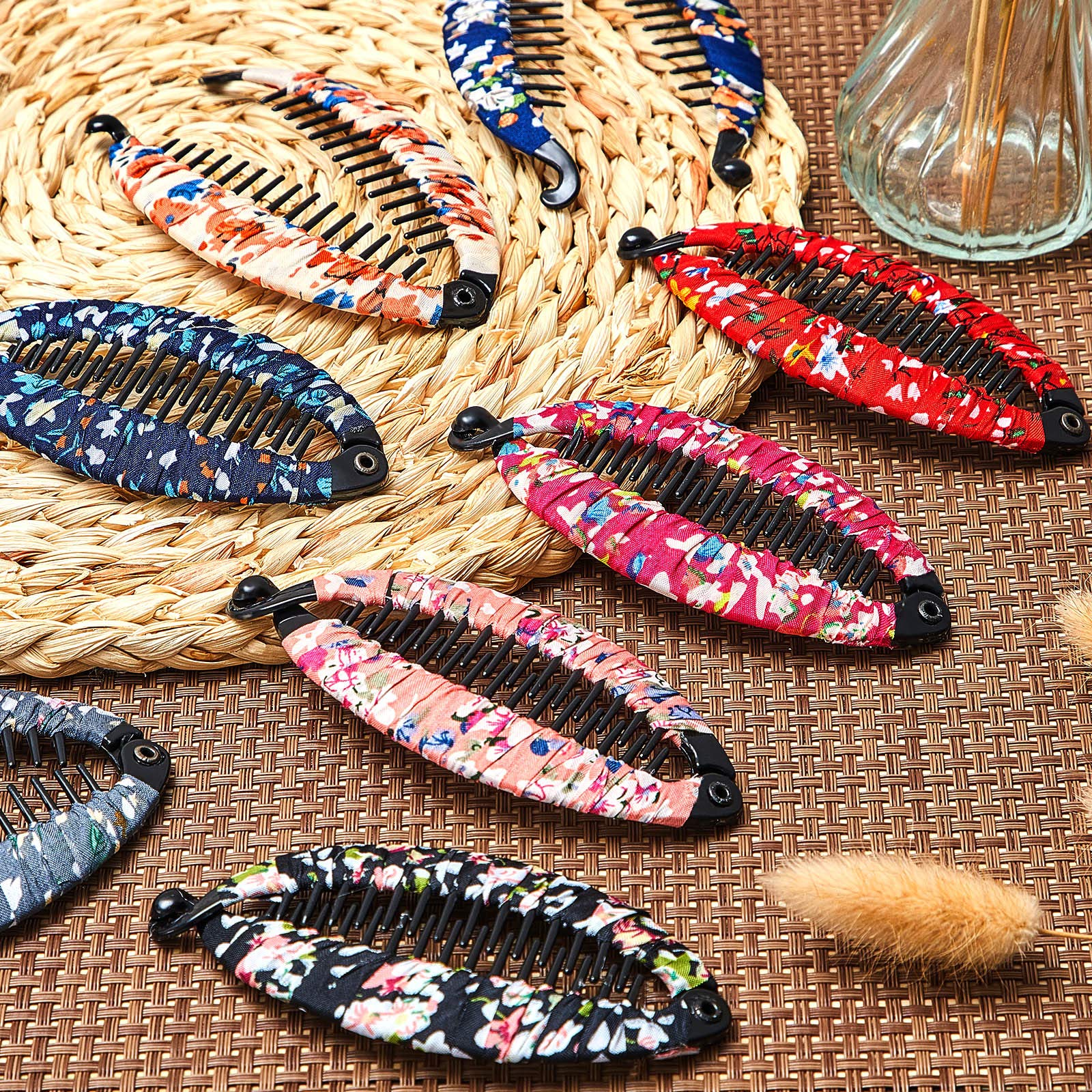 9-Piece Bohemian Floral Banana Hair Clips for Women & Girls - Fish Shape Hair Claws with Wrapped Fabric - 4.3 x 2 Inch Hair Accessories for Party, Wedding, and Everyday Style