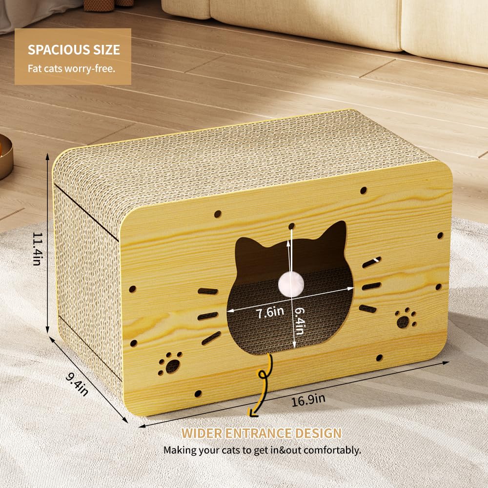 Premium Cat Scratcher House with Scratching Board & Hanging Ball Toy - Large Cardboard Cat Bed Cave for Resting & Play - Perfect for Indoor Cats, Multi-Level Scratching & Cozy Napping Spaces - Ideal for Living Rooms, Bedrooms & Cat Play Areas