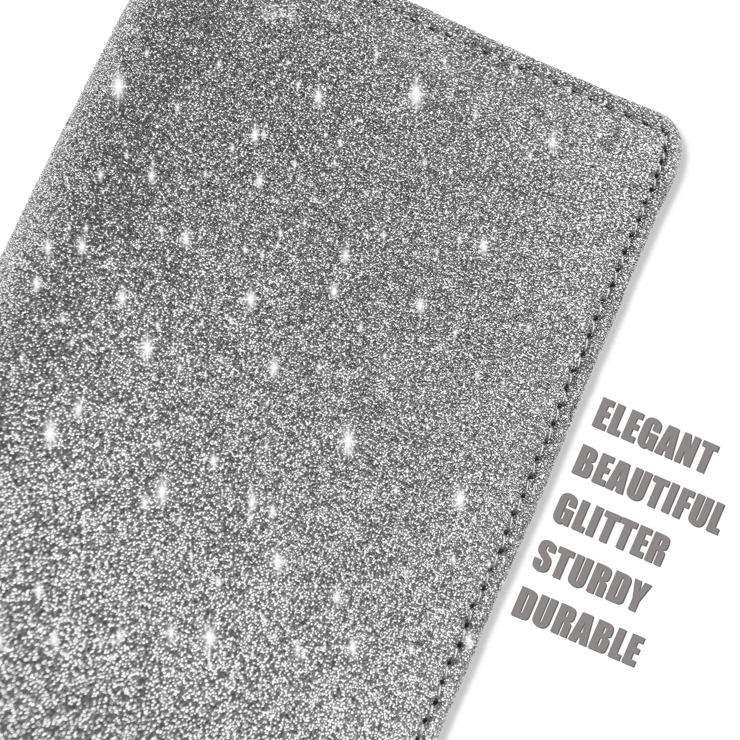 Sanlykate RFID Blocking Glitter Checkbook Cover for Women - PU Leather Standard Checkbook Case with Pen Holder & Free Divider (Silver) - Perfect for Everyday Banking, Bill Payments & Financial Organization
