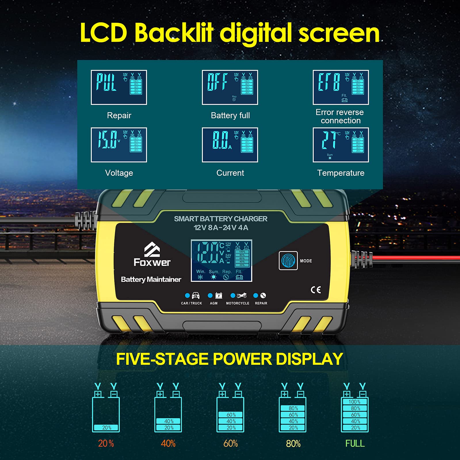 12V8A 24V4A Smart Battery Charger Maintainer - Intelligent Trickle Charger with Temperature Compensation & Desulfator for Car, Motorcycle, Boat, RV - Perfect for Winter Storage & Long-Term Maintenance