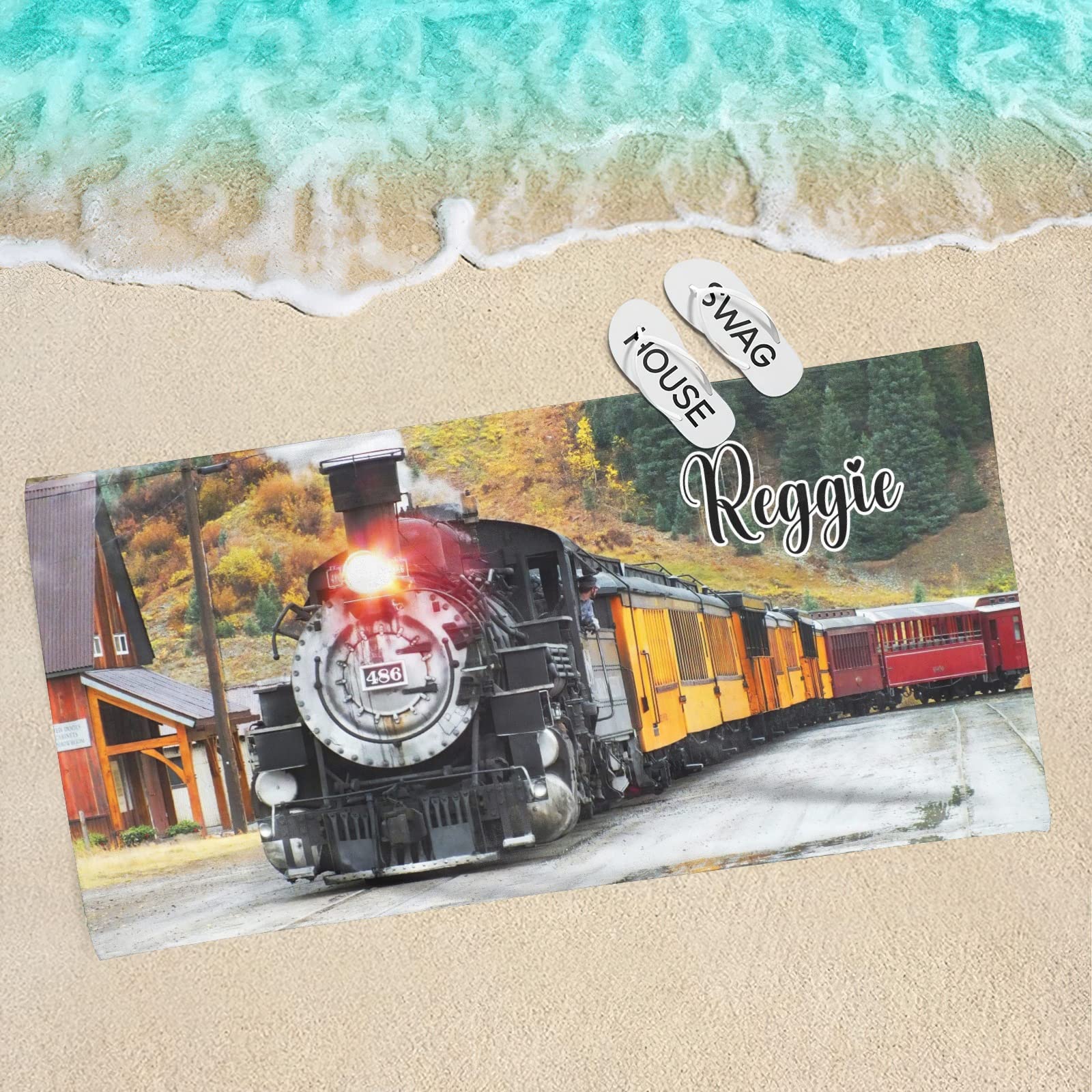 Personalized Autumn Forest Steam Train Beach Towel - Custom Pool Bath Towel 60x30 Inches - Perfect for Swimming, Beach Trips & Spa Days
