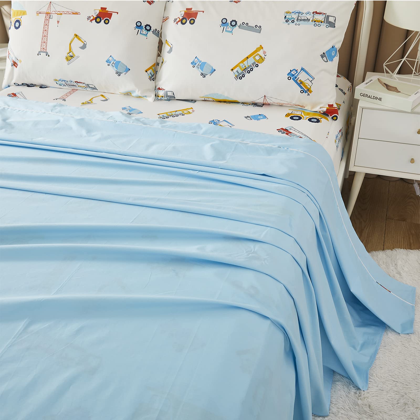 Brandream Queen Size Cotton Bedding Set - 4 Piece Construction Theme Kids Sheets with Fitted Sheet, Flat Sheet & Pillowcases | Cute Cartoon Design for Boys & Girls | Perfect for Kids' Rooms, Dorm Rooms & Gift Giving