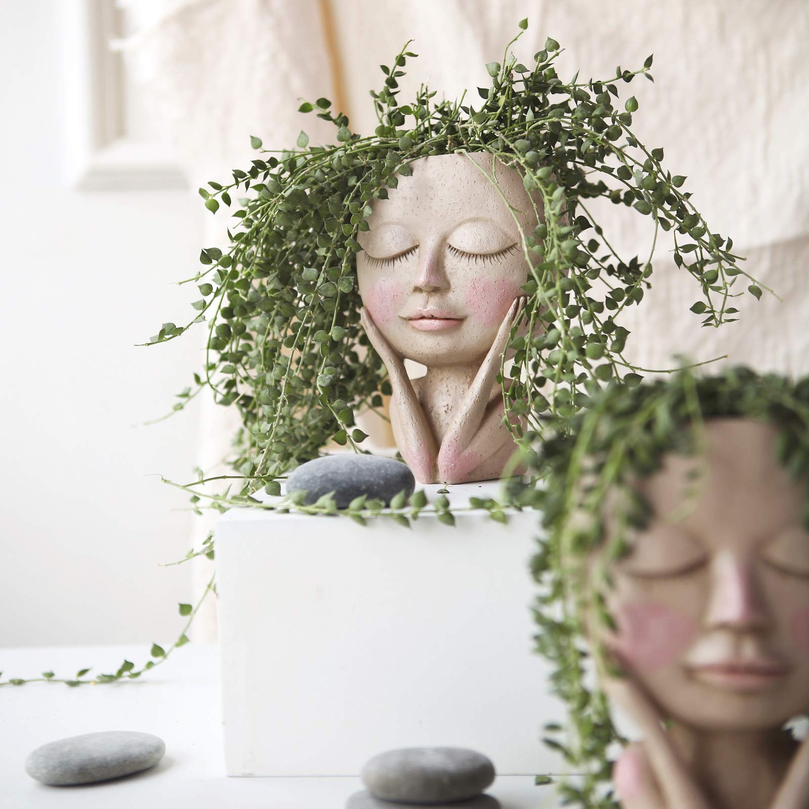 AIMMEBY Cute Resin Face Flower Pot Head Planter with Drainage Hole - Succulent & Cactus Planter for Home Decor, Office Desk, or Garden (Closed Eyes Design, Lightweight)