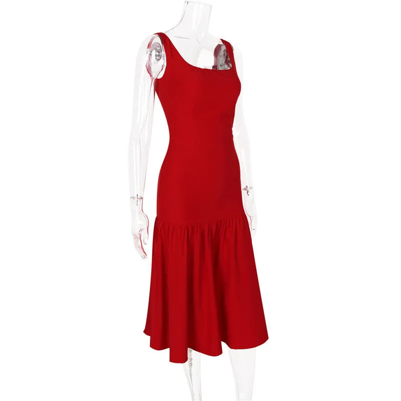 Elegant Backless Maxi Fishtail Dress for Women - Square Collar Sleeveless Loose Pleated Long Gown | Perfect for Evening Parties, Weddings & Special Occasions